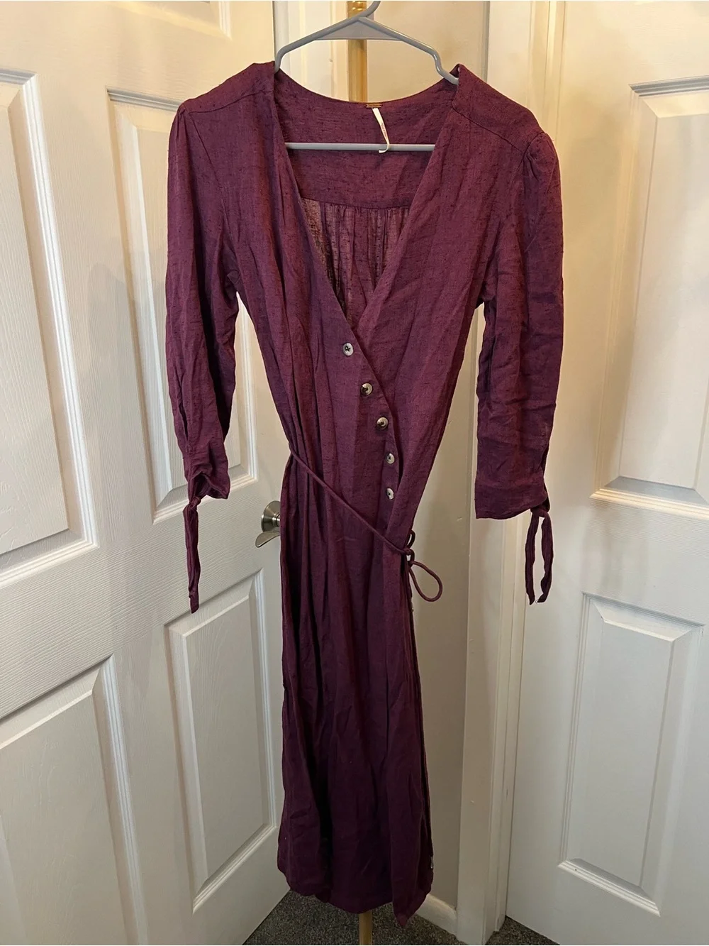Free People Burgundy Button-Front Midi Dress with Tie Waist